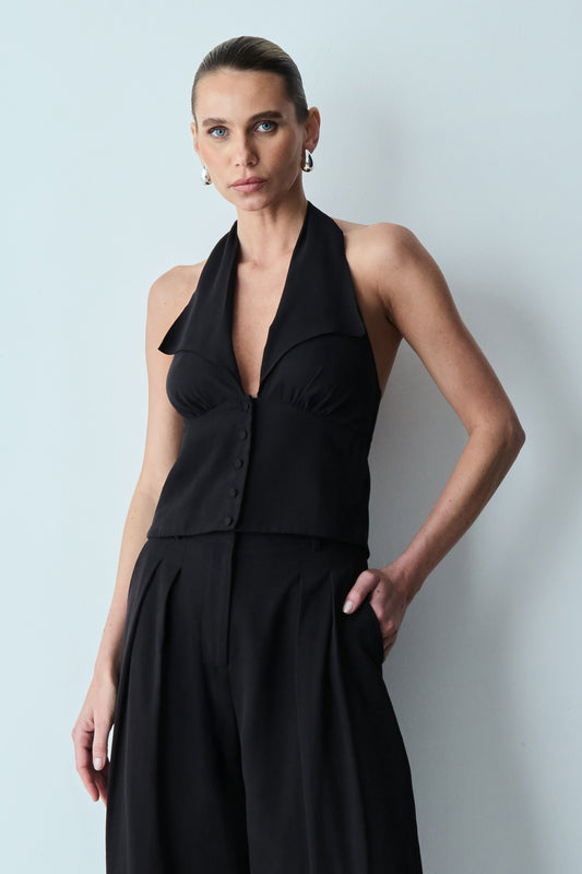 BLUSA FRENTE UNICA AMARRACAO PESCOCO E BOTOES FRONTAL PRETO