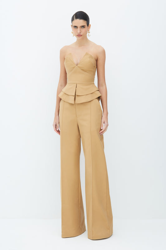 CALÇA PANTALONA ESTRUTURADA COM FRISOS KAKI