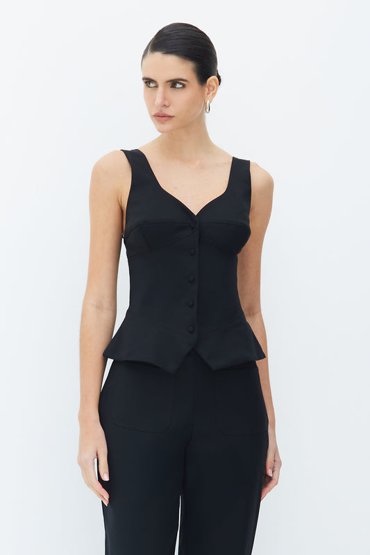 BLUSA REGATA RECORTE BUSTO BOTOES FRONTAL BARRA AMPLA PRETO