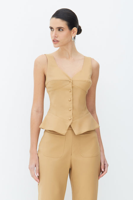 BLUSA REGATA RECORTE BUSTO BOTOES FRONTAL BARRA AMPLA KAKI