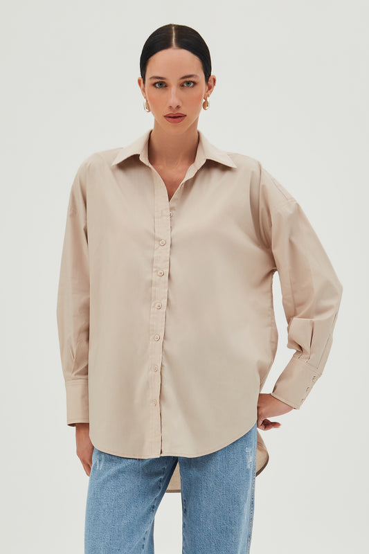 CAMISA MANGA COMPRIDA OVERSIZED E BARRA FRALDADA KAKI CLARO