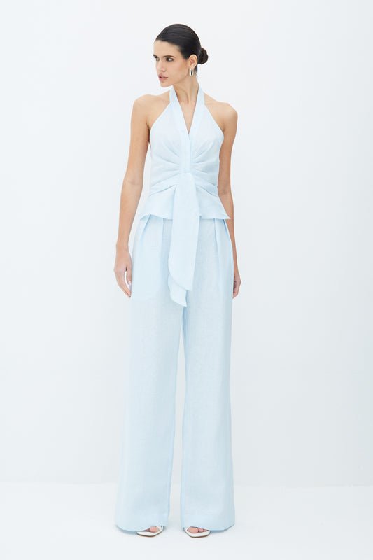 CALÇA RETA COM PREGAS FRONTAL EM LINHO AZUL POLAR