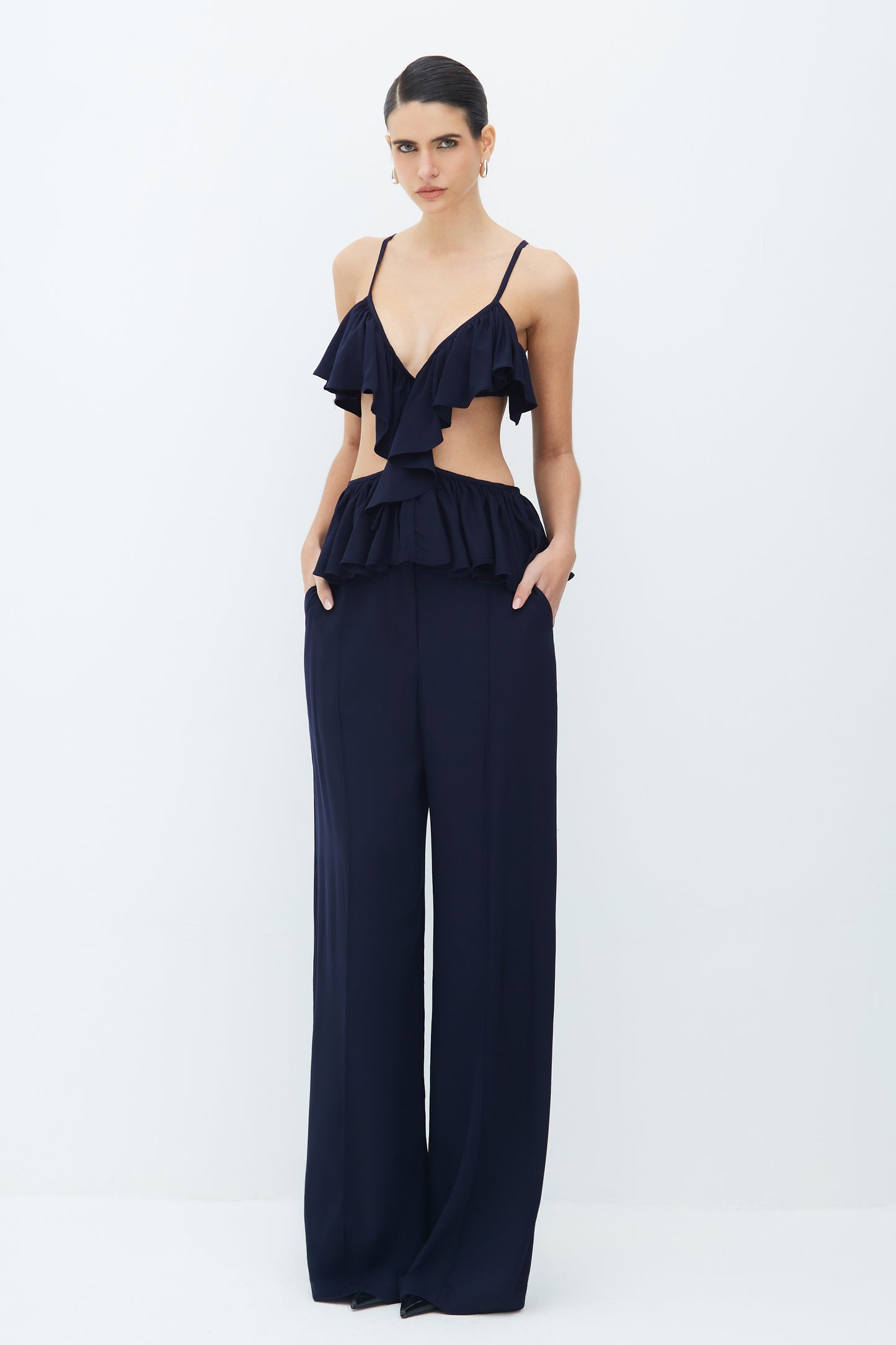 BLUSA DE ALCA COM BABADOS AZUL MARINHO