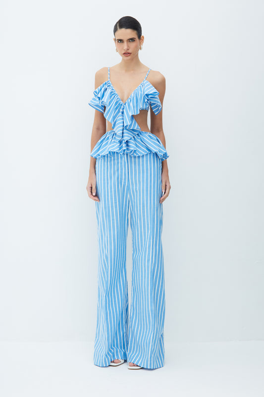 CALCA RETA COM FRISO FRONTAL LISTRADO AZUL