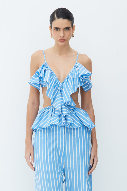 BLUSA DE ALCA FINA COM BABADOS BUSTO E BARRA LISTRADO AZUL