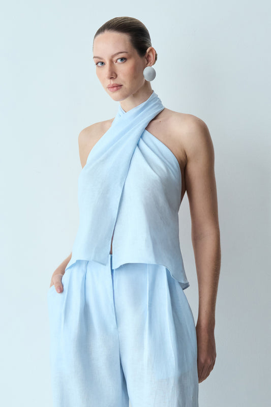 BLUSA TORÇÃO HALTER EM LINHO AZUL POLAR