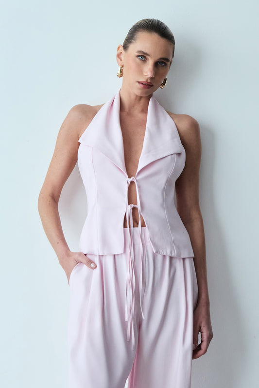 BLUSA FRENTE UNICA GOLA AMPLA E AMARRACOES FRONTAL ROSA BEBE