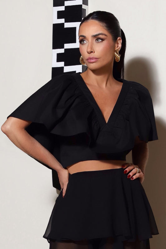 BLUSA MANGA CURTA COM SOBREPOSICAO E EFEITO BUFANTE PRETO