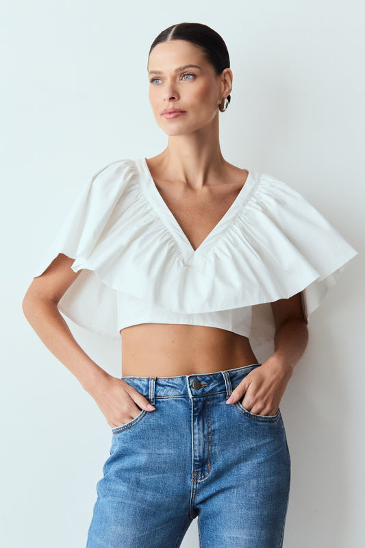 BLUSA MANGA CURTA COM SOBREPOSICAO E EFEITO BUFANTE OFF WHITE