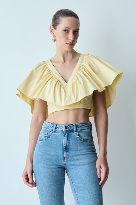 BLUSA MANGA CURTA COM SOBREPOSICAO E EFEITO BUFANTE AMARELO MANTEIGA