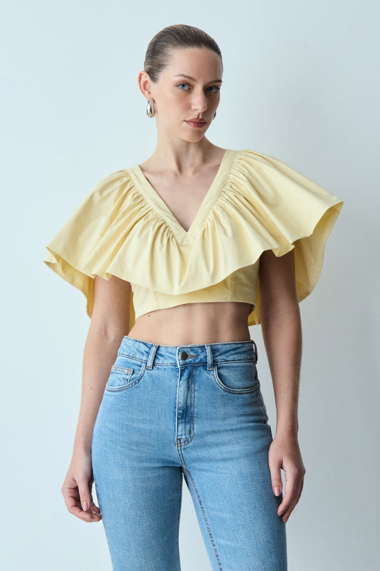 BLUSA MANGA CURTA COM SOBREPOSICAO E EFEITO BUFANTE AMARELO MANTEIGA