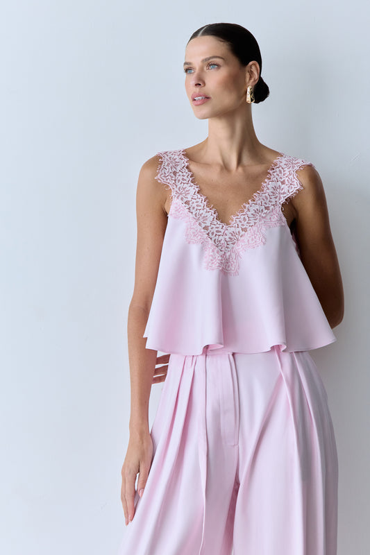 BLUSA DE ALCA COM DECOTE E ALCA EM RENDA COM FLUIDEZ ROSA BEBE