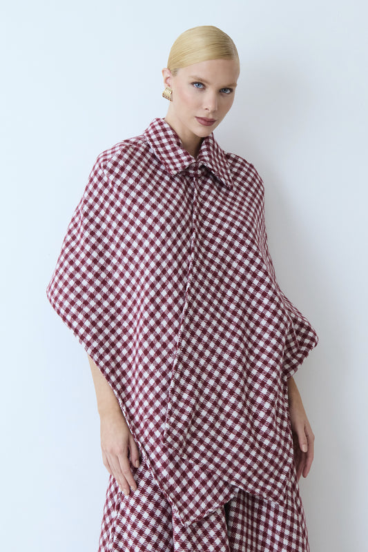 BLUSA MANGA CURTA PONCHO COM GOLA TRADICIONAL TRANSPASSADO VINHO
