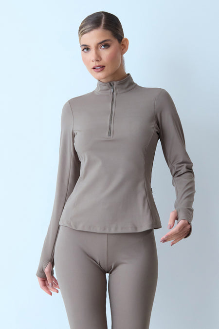 BLUSA MANGA LONGA DEDINHO ZÍPER CINZA OLIVA
