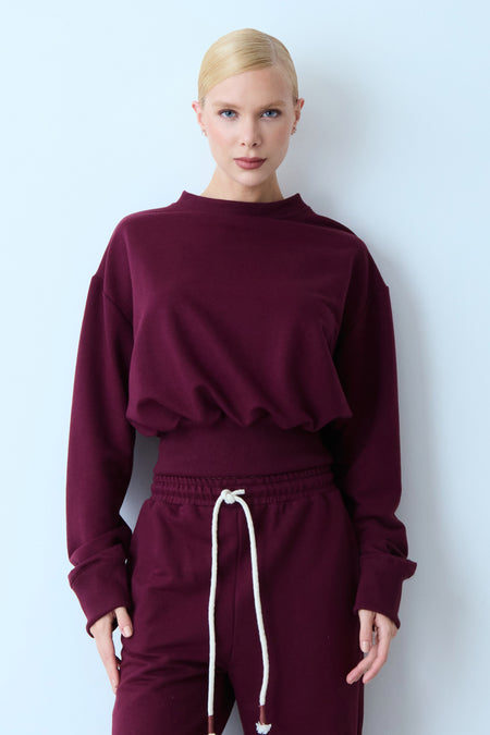 BLUSA MANGA LONGA MOLETOM GOLA CARECA AJUSTADO CINTURA VINHO