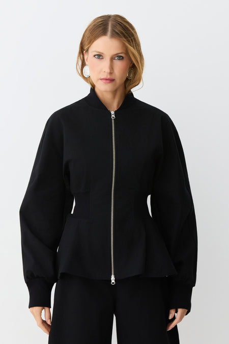 JAQUETA MANGA LONGA COM ZIPER DE METAL PEPLUM ACINTURADA PRETO