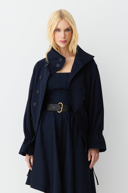 CASACO MANGA LONGA COM BOLSOS MANGA E CINTURA AJUSTAVEIS AZUL MARINHO