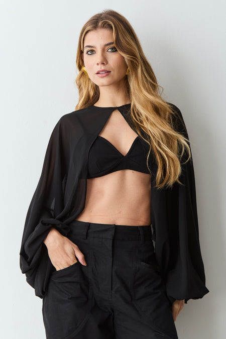 BLUSA CAPA ABERTURA FRONTAL MANGAS BUFANTES PRETO