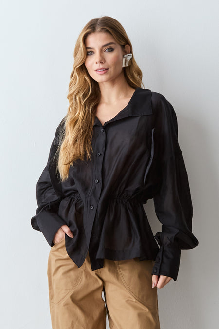 CAMISA MANGA COMPRIDA COM AMARRACAO CINTURA E TRANSPARENCIA PRETO