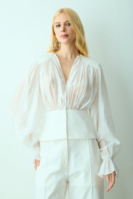 BLUSA MANGA LONGA COM PALA E BOTOES OFF WHITE