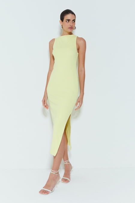 VESTIDO MIDI COM DECOTE QUADRADO E FENDA LATERAL AMARELO CITRUS