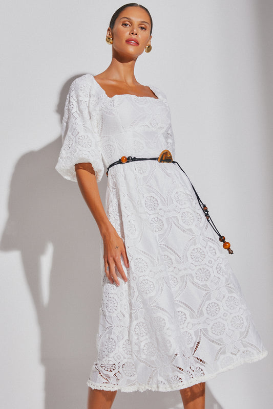 VESTIDO MIDI COM MANGA CURTA BUFANTE E DECOTE RETO OFF WHITE