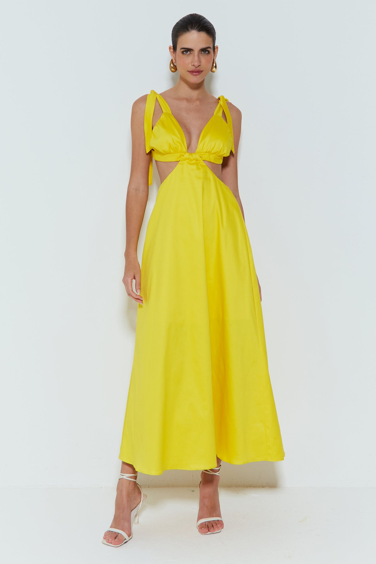 VESTIDO LONGO FRENTE ÚNICA COM AMARRAÇÃO NOS OMBROS AMARELO OURO
