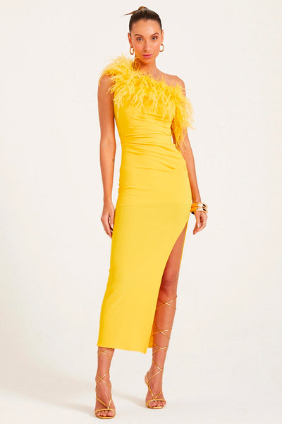 VESTIDO LONGO UM OMBRO SO COM PLUMAS NO DECOTE AMARELO