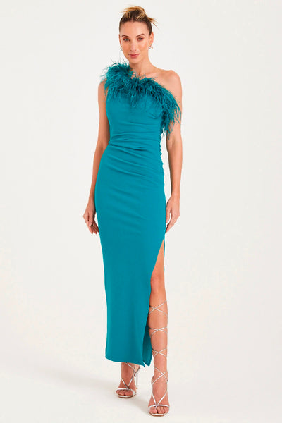 VESTIDO LONGO UM OMBRO SO COM PLUMAS NO DECOTE VERDE ESMERALDA