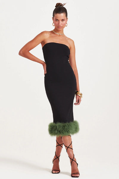 VESTIDO MIDI TOMARA QUE CAIA COM PLUMAS NA BARRA VERDE