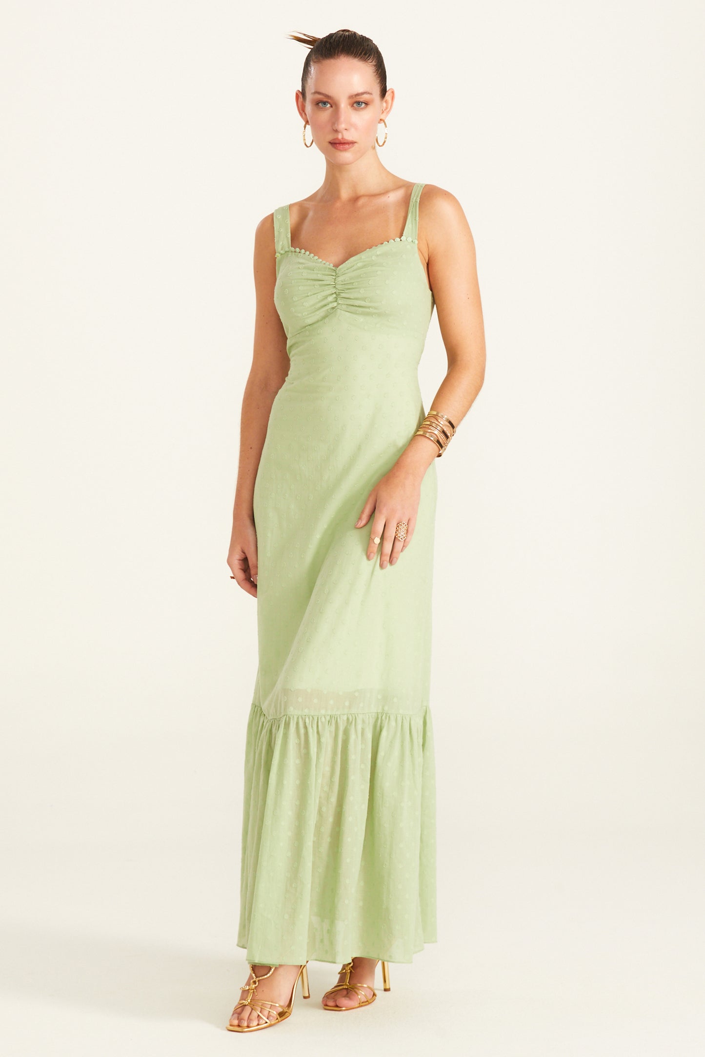 VESTIDO LONGO BUSTO FRANZIDO ALCA LARGA VERDE