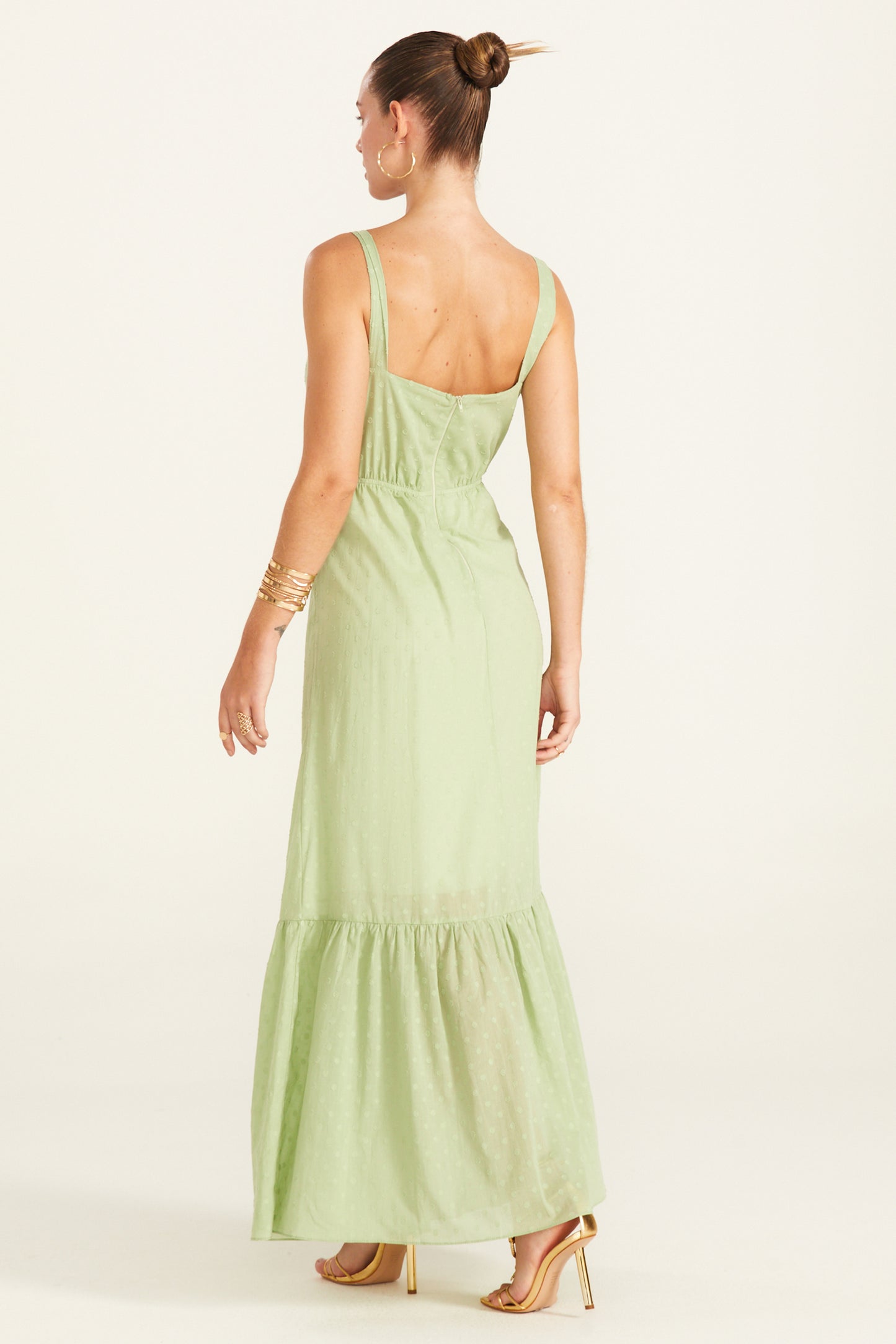 VESTIDO LONGO BUSTO FRANZIDO ALCA LARGA VERDE
