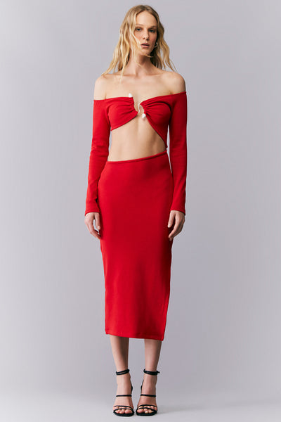 VESTIDO MIDI RECORTE CINTURA E DETALHE DE METAL VERMELHO