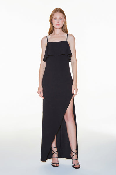 VESTIDO LONGO ASSIMETRICO COM BABADO PRETO