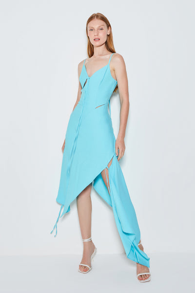 VESTIDO MIDI RECORTES COM AMARRACAO AZUL ACQUA