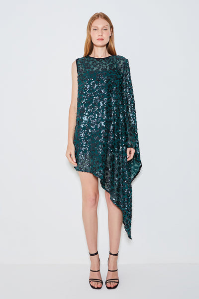 VESTIDO CURTO COM UMA MANGA SO DE PAETE VERDE ESCURO
