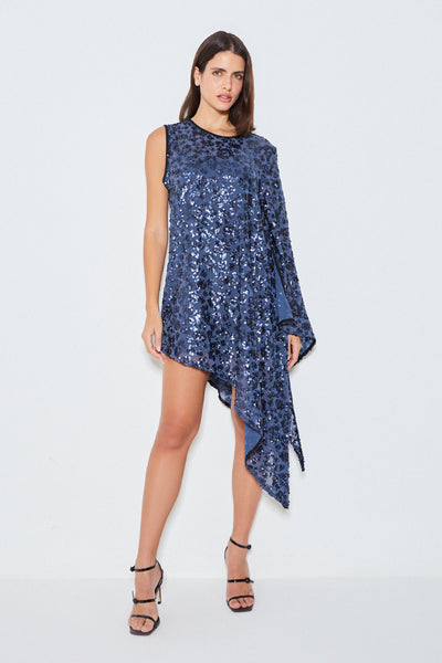 VESTIDO CURTO COM UMA MANGA SO DE PAETE AZUL MARINHO