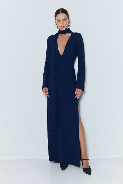 VESTIDO LONGO DECOTE EM V COM FAIXA AZUL MARINHO ESCURO