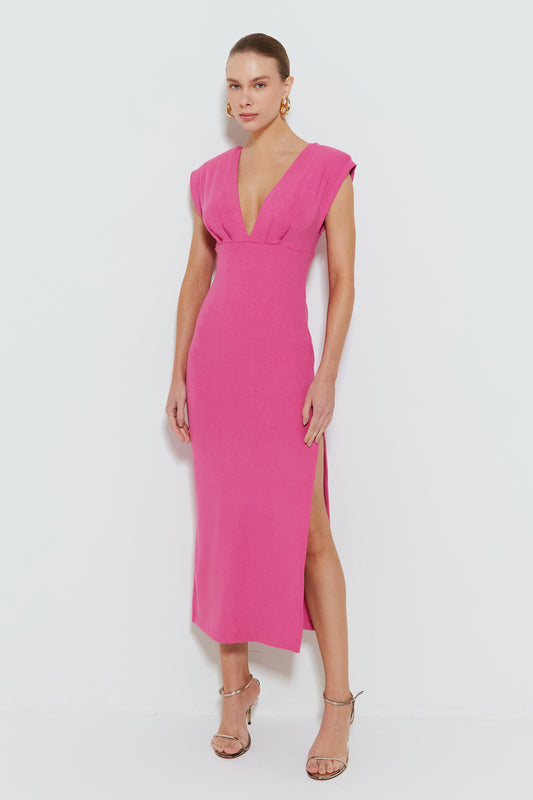 VESTIDO MIDI SEM MANGA DECOTE EM V ROSA HIBISCO
