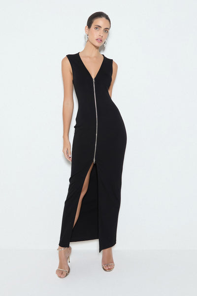 VESTIDO MIDI COM ZIPER FRONTAL EM MALHA CANELADA PRETO