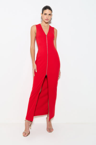 VESTIDO MIDI COM ZIPER FRONTAL EM MALHA CANELADA VERMELHO