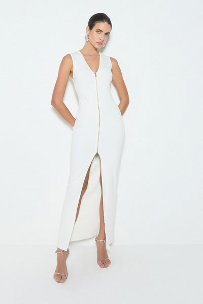 VESTIDO MIDI COM ZIPER FRONTAL EM MALHA CANELADA OFF WHITE
