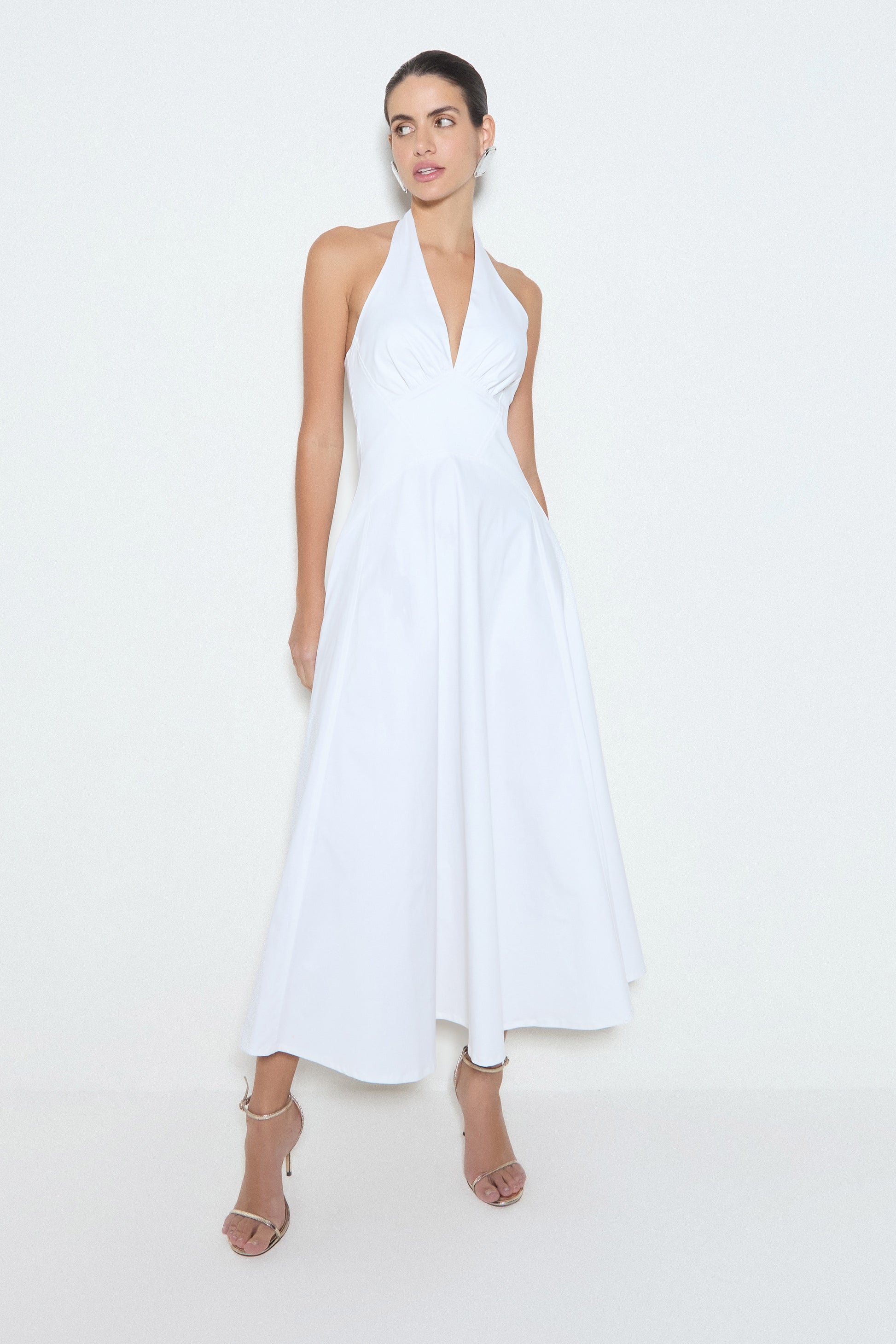 VESTIDO MIDI FRENTE UNICA COM AMARRACAO NO PESCOÇO OFF WHITE – Zen