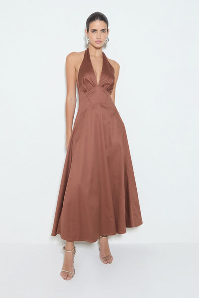 VESTIDO MIDI FRENTE UNICA COM AMARRACAO NO PESCOÇO MARROM
