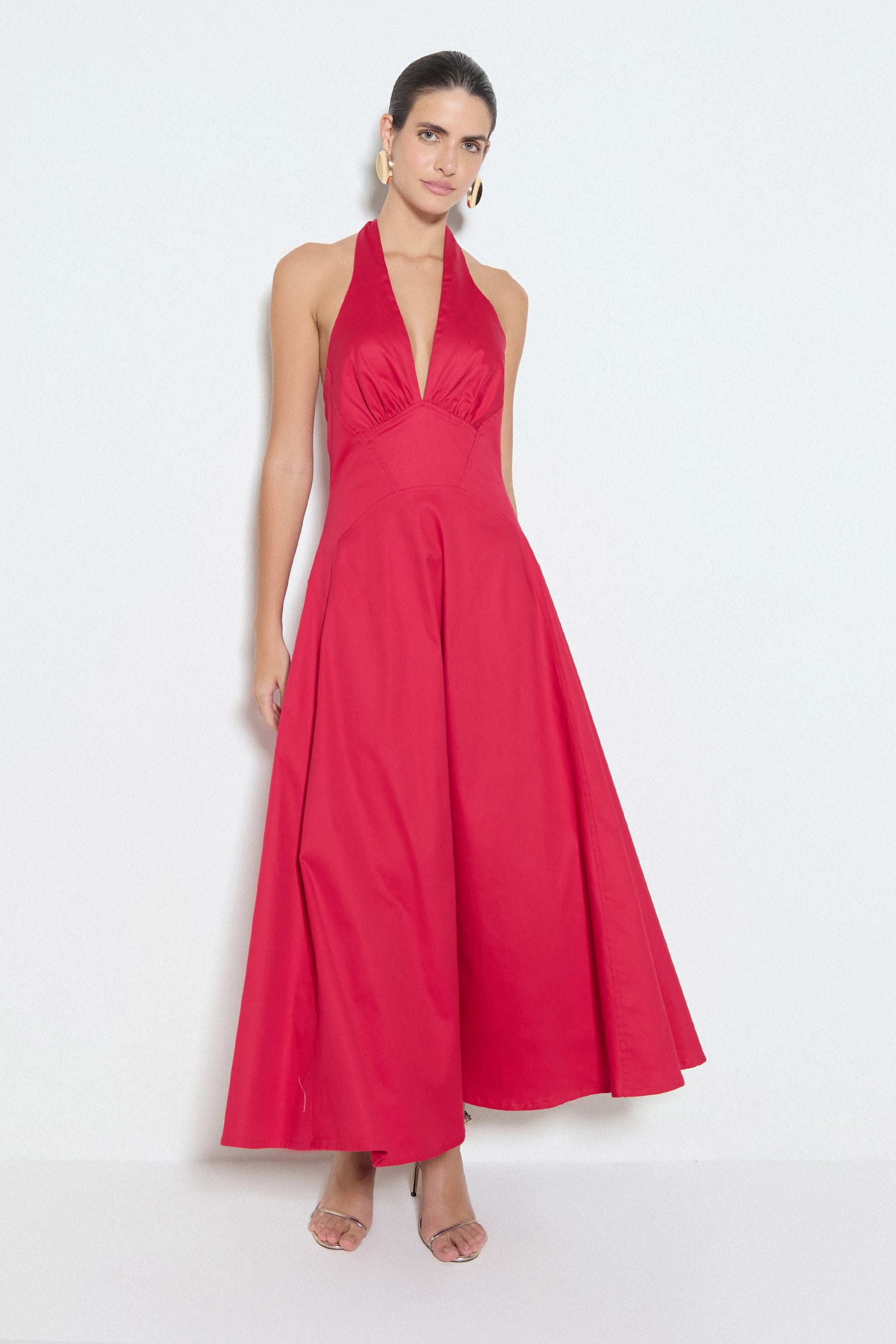 VESTIDO MIDI FRENTE UNICA COM AMARRACAO NO PESCOÇO VIVA MAGENTA