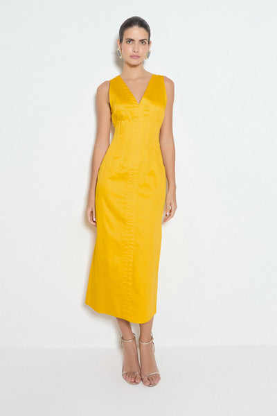 VESTIDO MIDI DECOTE V COM BARBATANA FRENTE E COSTAS AMARELO OURO