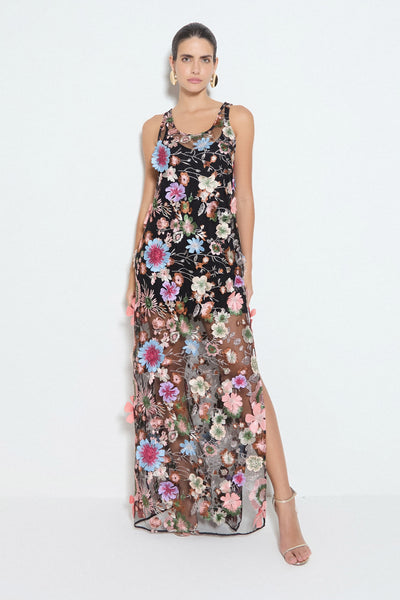 VESTIDO LONGO FENDA LATERAL EM TULE BORDADO PRETO