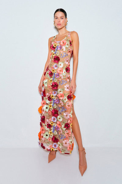 VESTIDO LONGO FENDA LATERAL EM TULE BORDADO COLORIDO