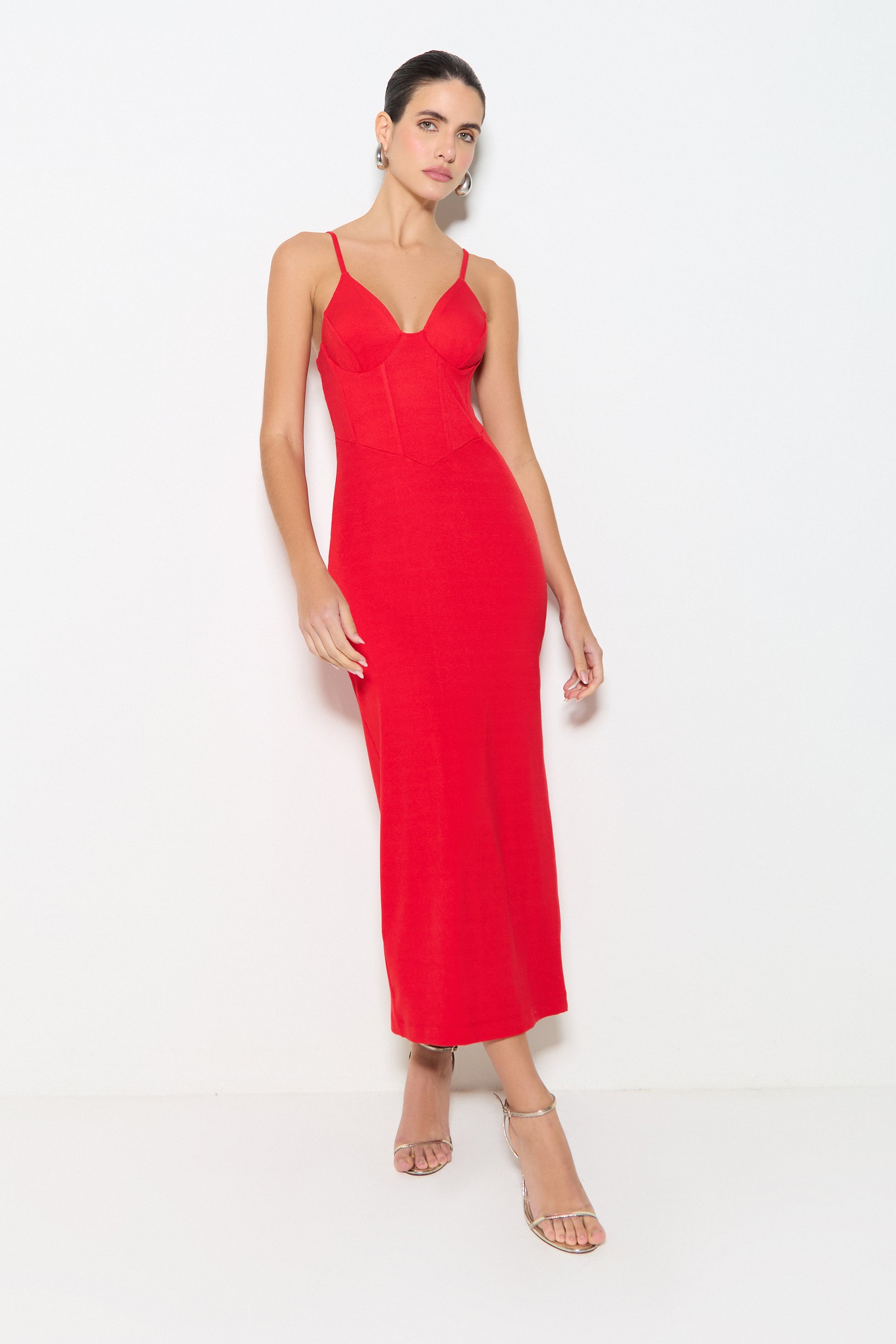 VESTIDO MIDI ALCA FINA RECORTE NO BUSTO COM BARBATANA VERMELHO