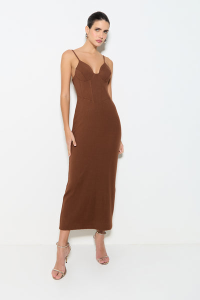 VESTIDO MIDI ALCA FINA RECORTE NO BUSTO COM BARBATANA MARROM